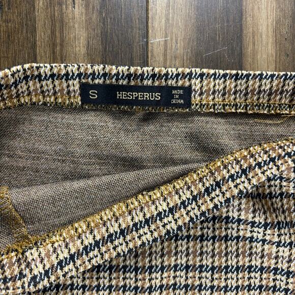Hesperus S Plaid Tan Brown Houndstooth Mini Skirt Elastic Waist y2k Fall Preppy - Picture 5 of 9